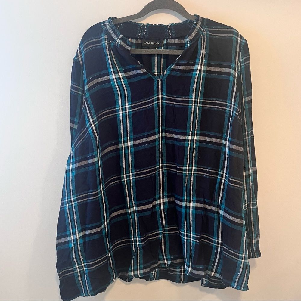 Lane Bryant Plaid V-Neck Long Sleeve Top Size 24